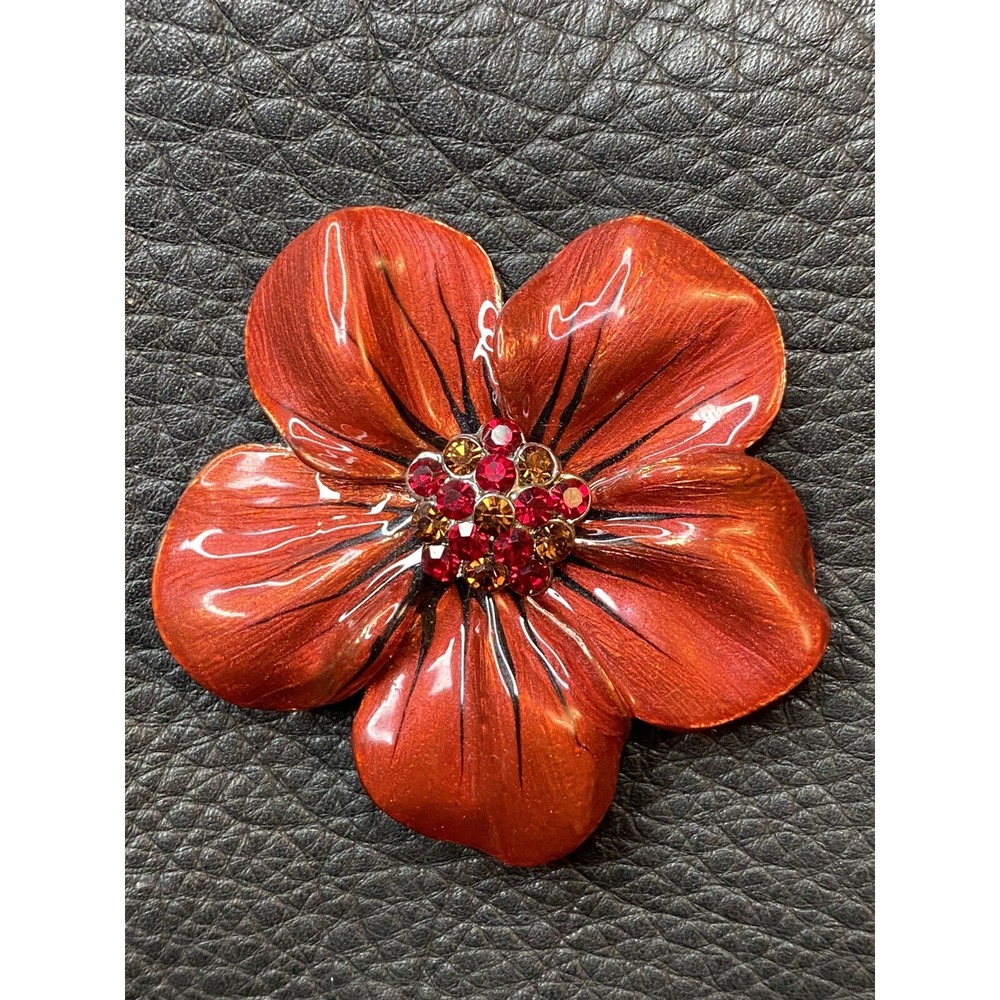 Vtg Glossy Burgundy Enamel Silvertone Flower W/Red Cluster Rhinestones Brooch